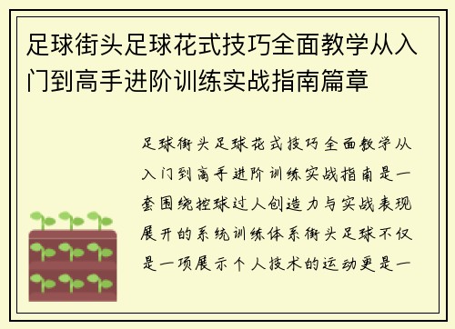 足球街头足球花式技巧全面教学从入门到高手进阶训练实战指南篇章